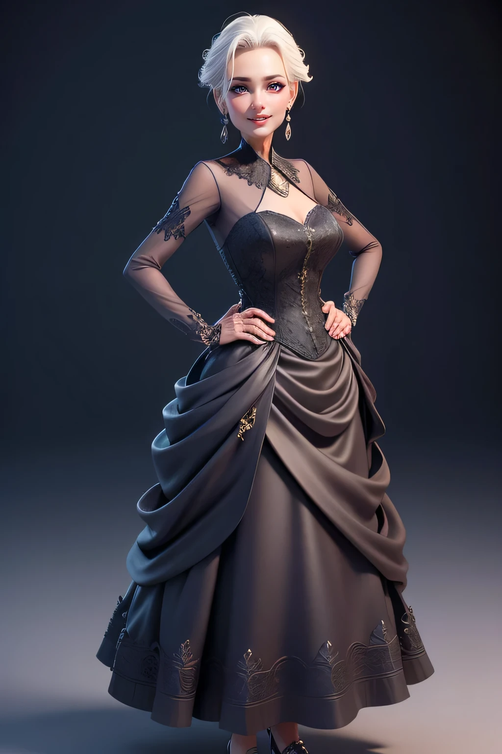 A hyper realistic carricature ,photorealism,of a skinny old woman, 50yo.with random hair style,standing.wearing elegant dress ,light smile, high detail,3d render,high definition.medium body