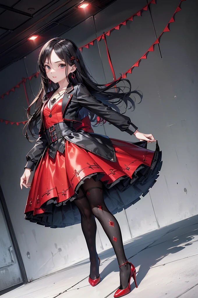 ((Biologically correct limb count)),(( From head to toe,Full-body photo including face)),4K,((Standing position)),masterpiece,((Focus on the face)),((Symmetrical facial features)),Eyes with detailed description,Beautiful woman,Great style,Beautiful arms,Beautiful legs,Beautiful Hands,(Small Ass,Thin thighs),Facial detailing,Small earrings,necklace,(Red and black patent leather blazer,Checked mini skirt((Black high heels,Black patterned stockings))),((Taking a class in a school classroom)),,Realistic photo,Stand at an angle,Low angle photo