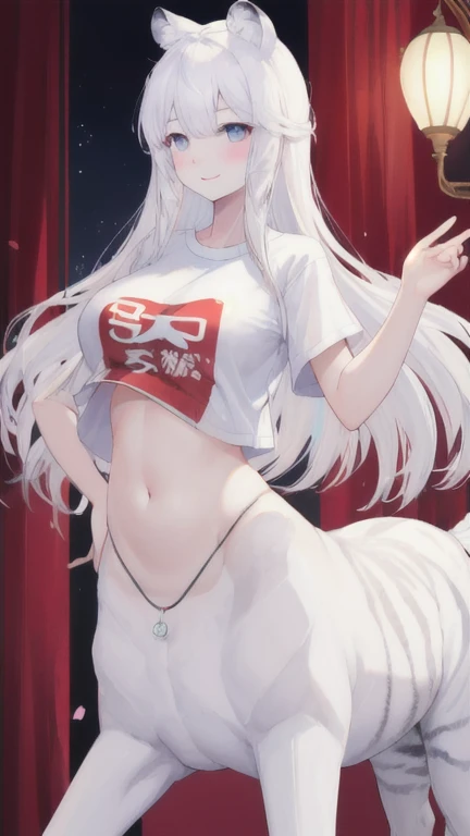 (best quality, masterpiece), 1 girl, centaur, It takes, White skin, Korean ,Smiling,exposing the abdomen,belly button t-shirt, 아름다운 소녀 perfect white tiger photo, perfect white tiger photo