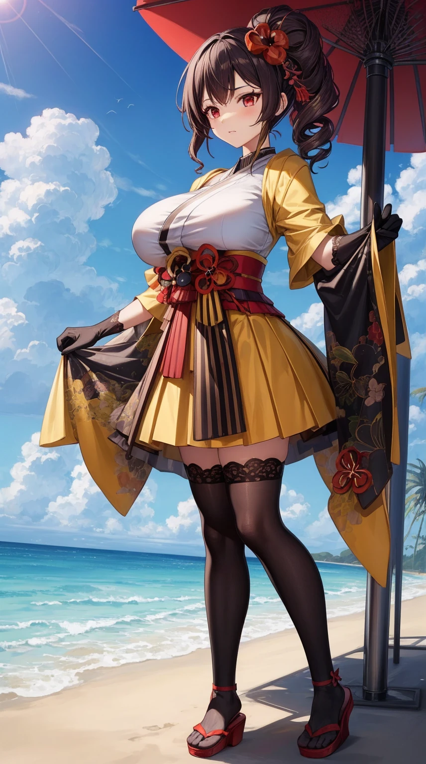 girl, solo, full body, from head to toe, standing, (Huge_Breasts:1.3),

Majestic sunset on a tropical beach with crystal clear turquoise waters, palm trees swaying in the gentle breeze, golden sand, vibrant colors, tranquil atmosphere,

chiori, 1girl, brown hair, drill hair, hair ornament, hair flower, flower, red eyes, elbow gloves, short sleeves, wide sleeves, japanese clothes, kimono, pleated skirt,dress, black thighhighs,

this character is standing in kimono