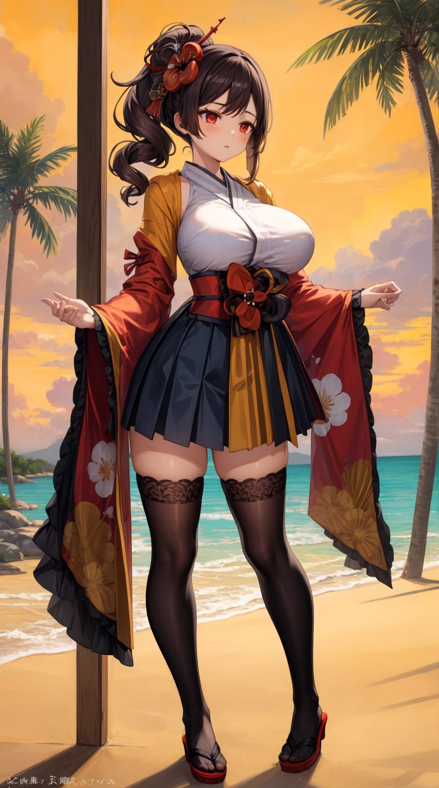 girl, solo, full body, from head to toe, standing, (Huge_Breasts:1.3),

Majestic sunset on a tropical beach with crystal clear turquoise waters, palm trees swaying in the gentle breeze, golden sand, vibrant colors, tranquil atmosphere,

chiori, 1girl, brown hair, drill hair, hair ornament, hair flower, flower, red eyes, elbow gloves, short sleeves, wide sleeves, japanese clothes, kimono, pleated skirt,dress, black thighhighs,

this character is standing in kimono