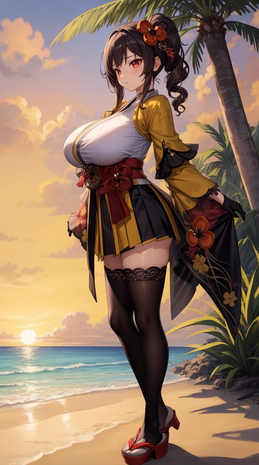 girl, solo, full body, from head to toe, standing, (Huge_Breasts:1.3),

Majestic sunset on a tropical beach with crystal clear turquoise waters, palm trees swaying in the gentle breeze, golden sand, vibrant colors, tranquil atmosphere,

chiori, 1girl, brown hair, drill hair, hair ornament, hair flower, flower, red eyes, elbow gloves, short sleeves, wide sleeves, japanese clothes, kimono, pleated skirt,dress, black thighhighs,

this character is standing in kimono