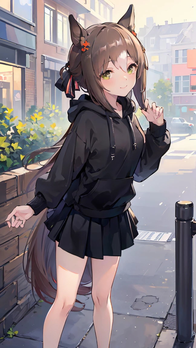 masterpiece, Highest quality, High resolution, Very detailed,(((Finemotion wearing a black hoodie))), (((Pulling up her skirt。))), (((smile))), Black Skirt, Outdoor, Black underwear, Low - Angle