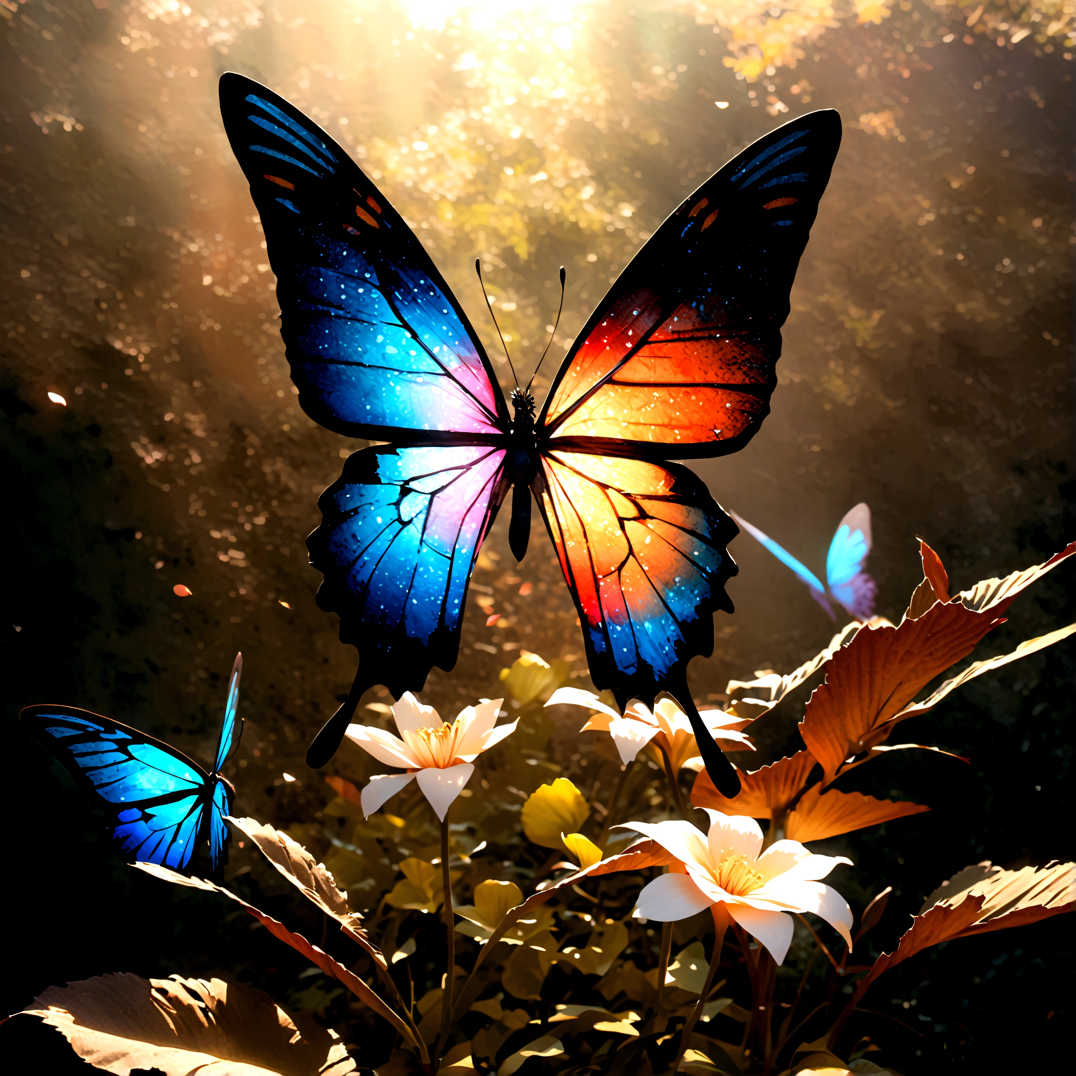 Moonlight,The arrival of spring, Mr.々Beautiful flowers
, A swallowtail butterfly with beautiful iridescent wings,View from below, 空から落ちてくるMr.々A gem, Amazingly beautiful scenery, Slightly hazy, wonderful, High resolution, 8K, (Highest quality, High resolution, Realistic:1.37), Shiny metallic flowers, Intricate and delicate petals, Reflective surface, Vibrant colors, Intricate details, Close-up view, 超Realisticな庭園, 超Realisticな美しさ, Dreamy atmosphere, Fine art, Abstract Plants, Metallic engraving, Contrasting Textures, Mysterious glow