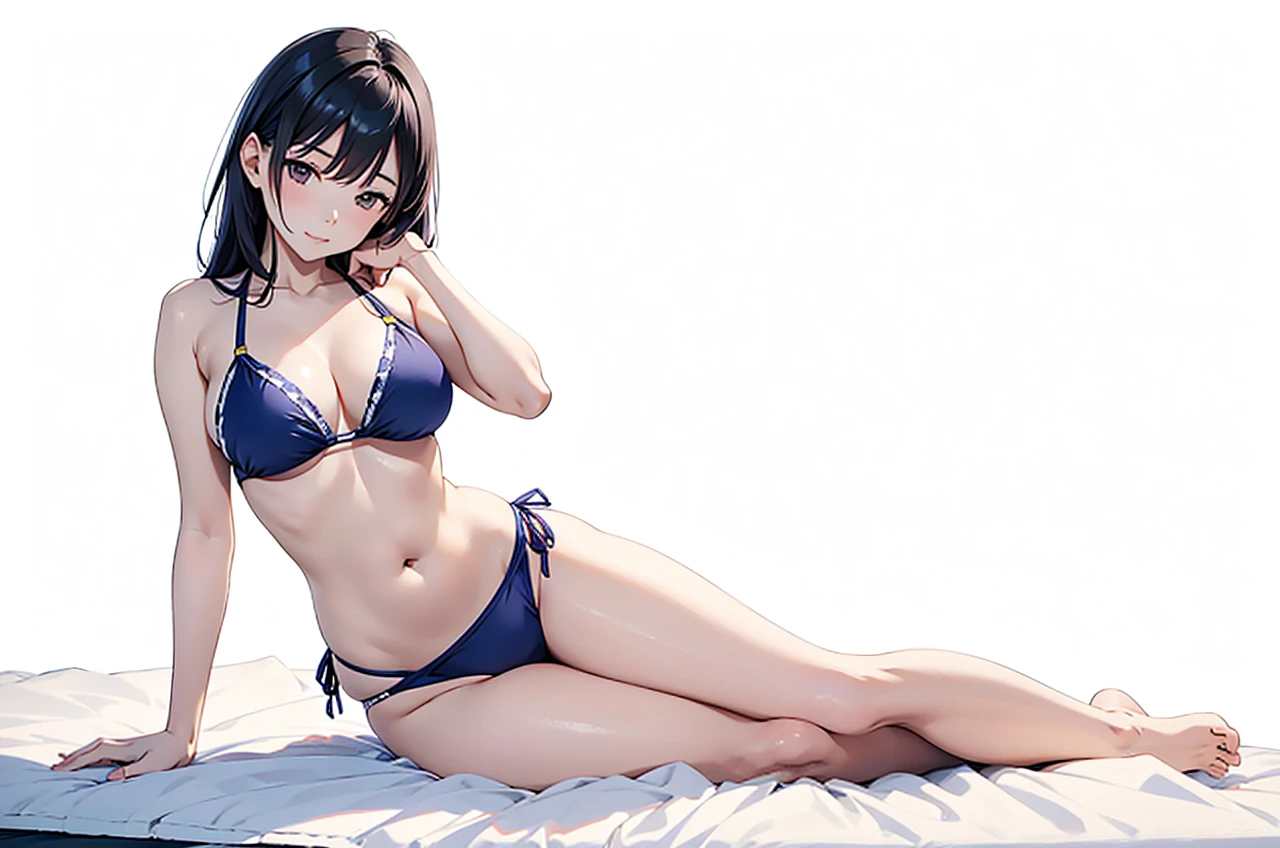 Yoshiko Tsushima
in a bikini laying down on her side with her arm for support poseing