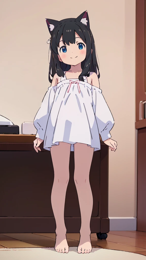((masterpiece))((Highest quality))Cat ear、girl、smile、blush、Flat Chest、Are thin、、low length、Black Hair、Leg-length hair、Embarrassed、Are standing、Whole body image、Even your toes are visible、Eye level on face、front、No background、mayonnaise、真frontのアングル