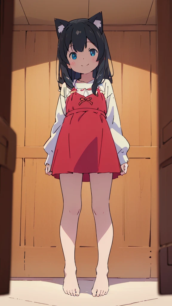 ((masterpiece))((Highest quality))Cat ear、girl、smile、blush、Flat Chest、Are thin、、low length、Black Hair、Leg-length hair、Embarrassed、Are standing、Whole body image、Even your toes are visible、Eye level on face、front、No background、mayonnaise、真frontのアングル