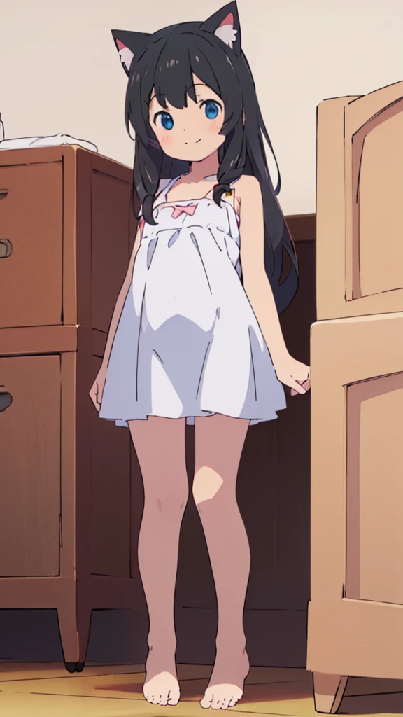 ((masterpiece))((Highest quality))Cat ear、girl、smile、blush、Flat Chest、Are thin、、low length、Black Hair、Leg-length hair、Embarrassed、Are standing、Whole body image、Even your toes are visible、Eye level on face、front、No background、mayonnaise、真frontのアングル