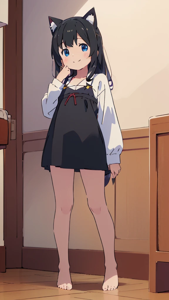 ((masterpiece))((Highest quality))Cat ear、girl、smile、blush、Flat Chest、Are thin、、low length、Black Hair、Leg-length hair、Embarrassed、Are standing、Whole body image、Even your toes are visible、Eye level on face、front、No background、mayonnaise、真frontのアングル
