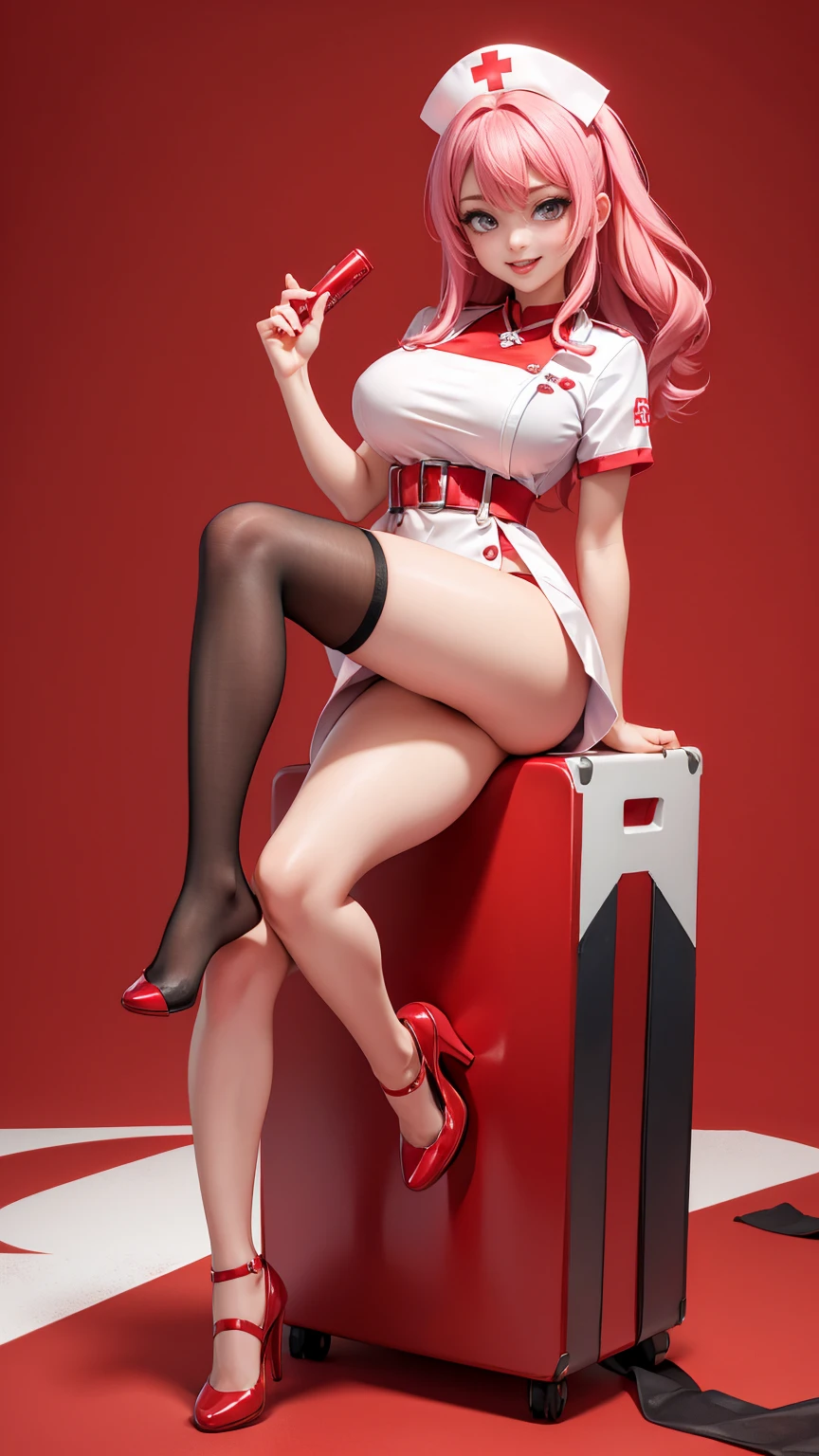 ((full_body))、Cute Woman、red_background、big_breasts、Detailed、(nurse_custom)、POP、vivid、smile、sexy_pose、out_tongue