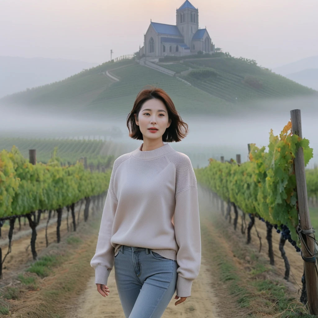 8k best picture quality, Beautiful 36-year-old Korean woman, short and nice weather. Chest size 34 inches, 이탈리아 시골의 thick fog at dawn, past the vineyard, The cathedral is visible in the fog in the distance., The back background is realistic and vivid quality., Short and medium hair blowing in the wind, luxury travel jumper, beige jeans, a faint smile. the background is clear, Short and slim Korean woman, stand far away, Photo taken with a wide-angle lens, thick fog at dawn