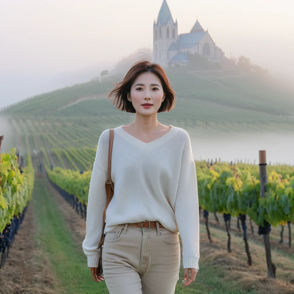 8k best picture quality, Beautiful 36-year-old Korean woman, short and nice weather. Chest size 34 inches, 이탈리아 시골의 thick fog at dawn, past the vineyard, The cathedral is visible in the fog in the distance., The back background is realistic and vivid quality., Short and medium hair blowing in the wind, luxury travel jumper, beige jeans, a faint smile. the background is clear, Short and slim Korean woman, stand far away, Photo taken with a wide-angle lens, thick fog at dawn