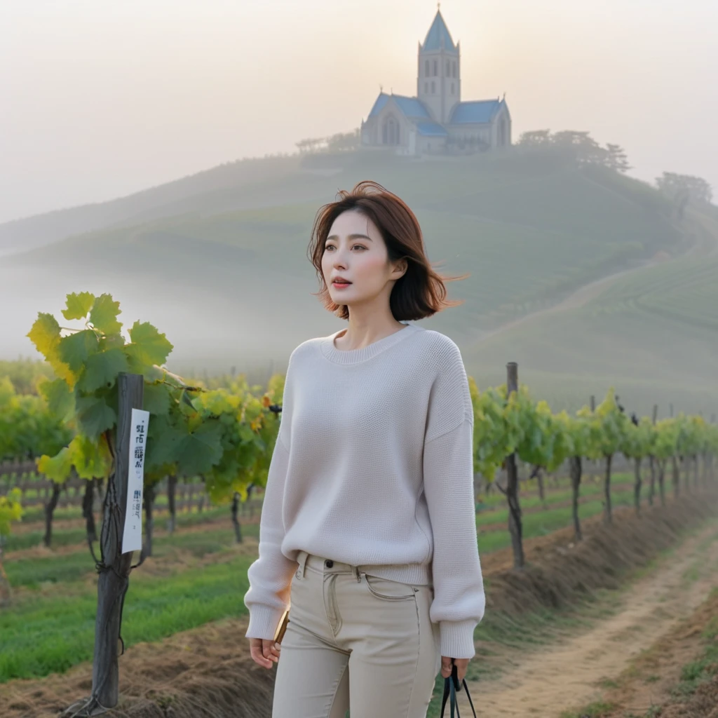 8k best picture quality, Beautiful 36-year-old Korean woman, short and nice weather. Chest size 34 inches, 이탈리아 시골의 thick fog at dawn, past the vineyard, The cathedral is visible in the fog in the distance., The back background is realistic and vivid quality., Short and medium hair blowing in the wind, luxury travel jumper, beige jeans, a faint smile. the background is clear, Short and slim Korean woman, stand far away, Photo taken with a wide-angle lens, thick fog at dawn