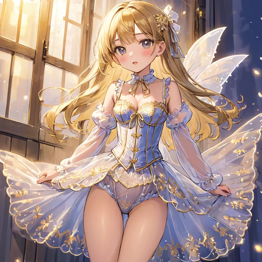 8-year-old girl, １people、Pajamas、Gold and silver thread embroidery、Translucent underwear that reaches below the knee（Bloomers）wear、wear a semi-transparent corset、Translucent slip