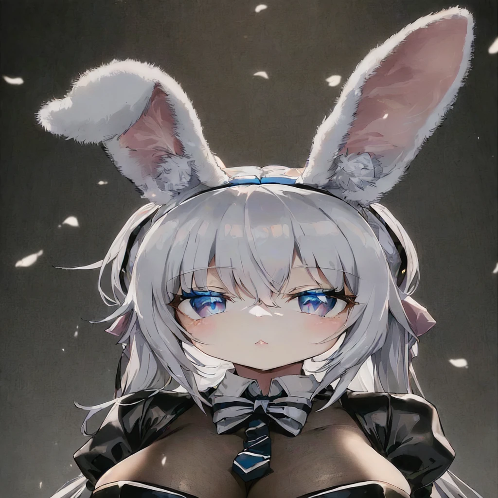 girl, silk white hair and bunny ears, blue eyes, (Long Hair),with big rabbit ears, with bunny ears, grey ears, rabbit face only, grey animal ears, (huge breasts).