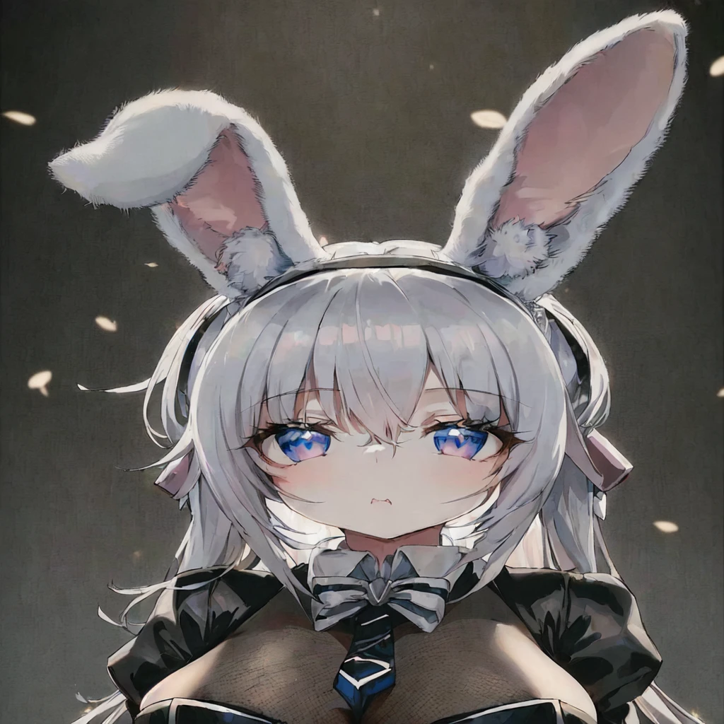 girl, silk white hair and bunny ears, blue eyes, (Long Hair),with big rabbit ears, with bunny ears, grey ears, rabbit face only, grey animal ears, (huge breasts).