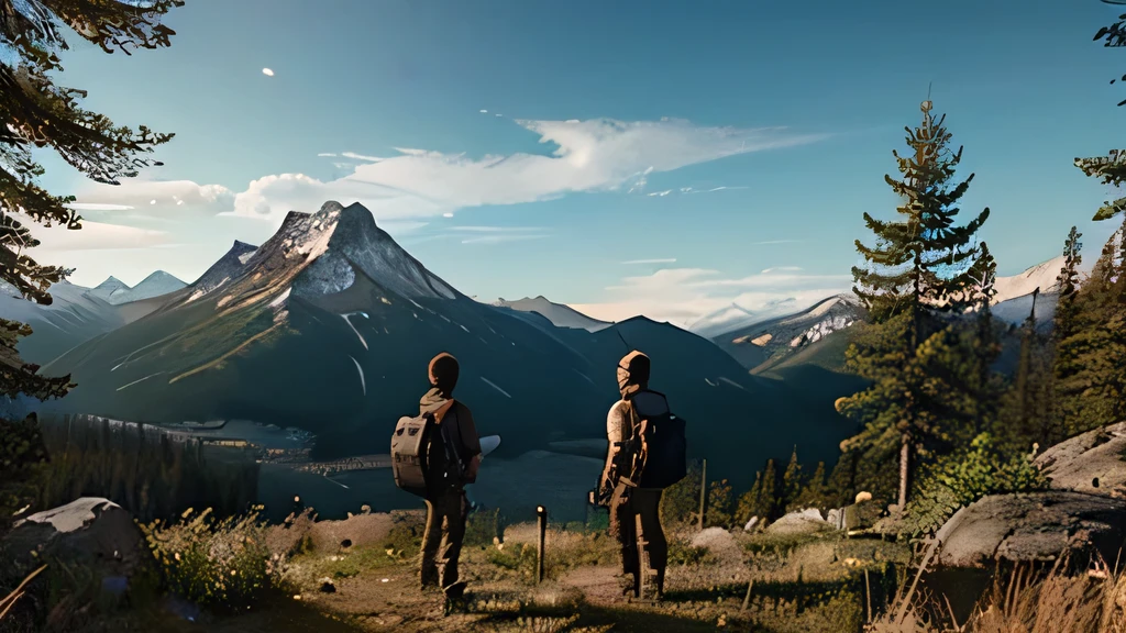 Two male travelers stand in the middle of the forest, massive mountains in the background, game image. art.