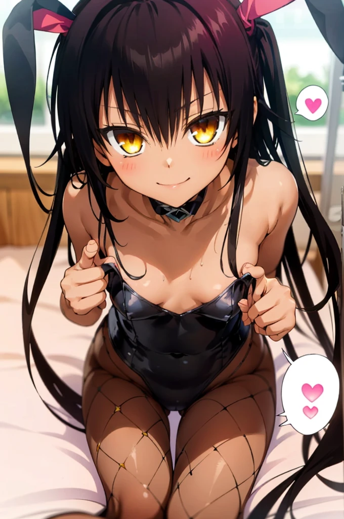 1girl, aster nemesis, dark-skinned female, black hair, very long hair, yellow eyes, flat chest , twin tails, looking at viewer, indoor, , tanned body,, ,,8yo,,smile,,(spoken heart),bunnysuits,bunny girl, leotard,rabbit ears,fishnet pantyhose