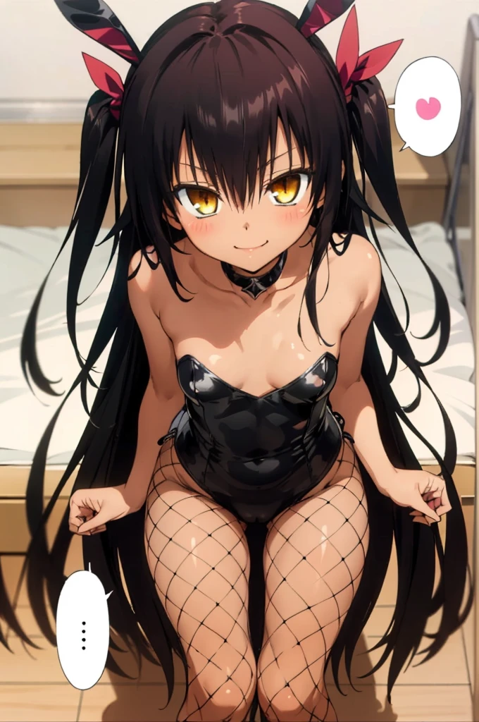 1girl, aster nemesis, dark-skinned female, black hair, very long hair, yellow eyes, flat chest , twin tails, looking at viewer, indoor, , tanned body,, ,,8yo,,smile,,(spoken heart),bunnysuits,bunny girl, leotard,rabbit ears,fishnet pantyhose