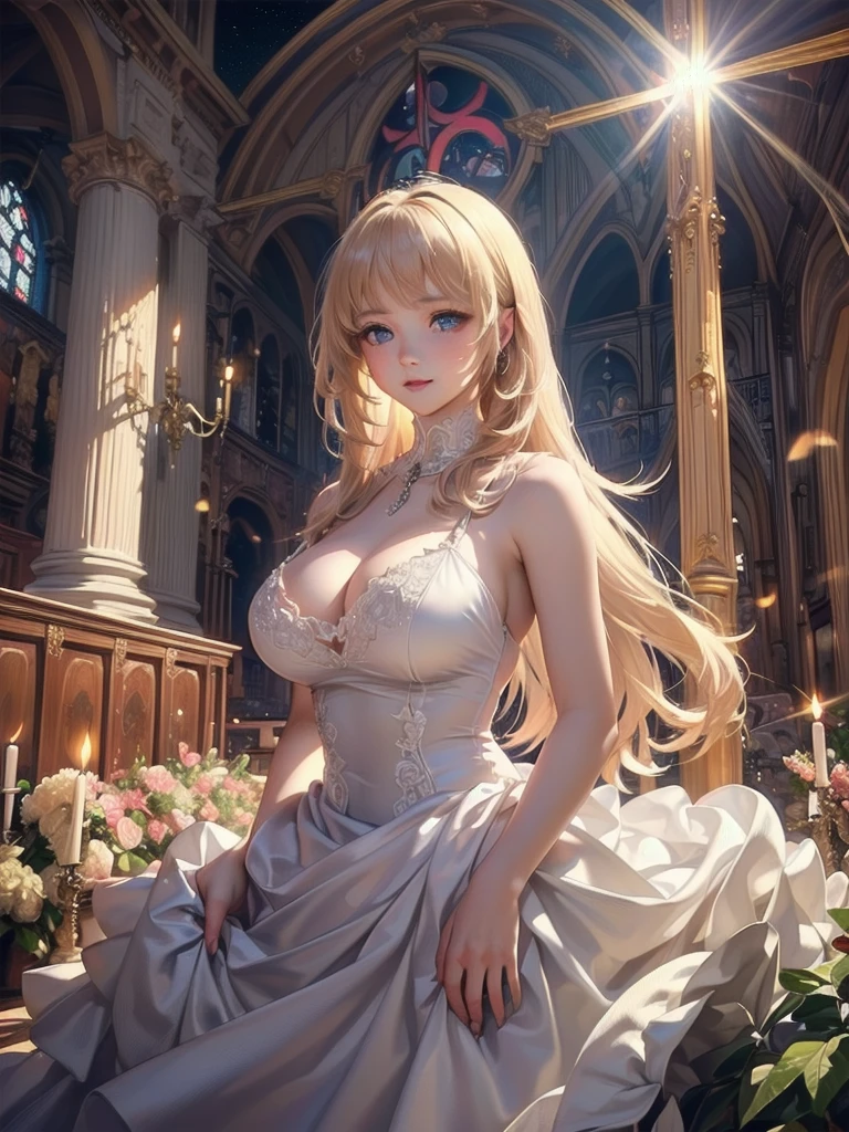 (((Dress Transparent Dress))), (((The dress features a voluminous hoop skirt and a long hem.、A gorgeous, incomparably gorgeous Rococo Victorian gown, Princess style skirt))), (ガウン shine まばゆいばかりに キラキラ 反射する プリズム状 透明 ガウン:1.2), (Gown A very elaborate gown:1.5), ((Huge breasts)), (Expressive hair), Very voluminous、Very long hair, bangs, Super delicate and beautiful face, Beautiful Lips, (Hyper Detail: Delicate and beautiful eyes), Cleavage, Beautiful smile, (((Young Face, Solo Enchanting Adorable Princess, age Girl, pretty girl, very pretty girl))), (Anime Moe Art Style 1.3), (((masterpiece, Super detailed, Highest quality, Ultra-high resolution, Great quality, Exceptional Quality, Super detailed, Ultra-high resolution, Unity 16K, 32k, ultra photo Realistic))), (Face Focus, Eye focus, Realistic, Blurred Background, Lens flare, shine, Light caustic effect:1.5), (Background of the church at night:1.3),