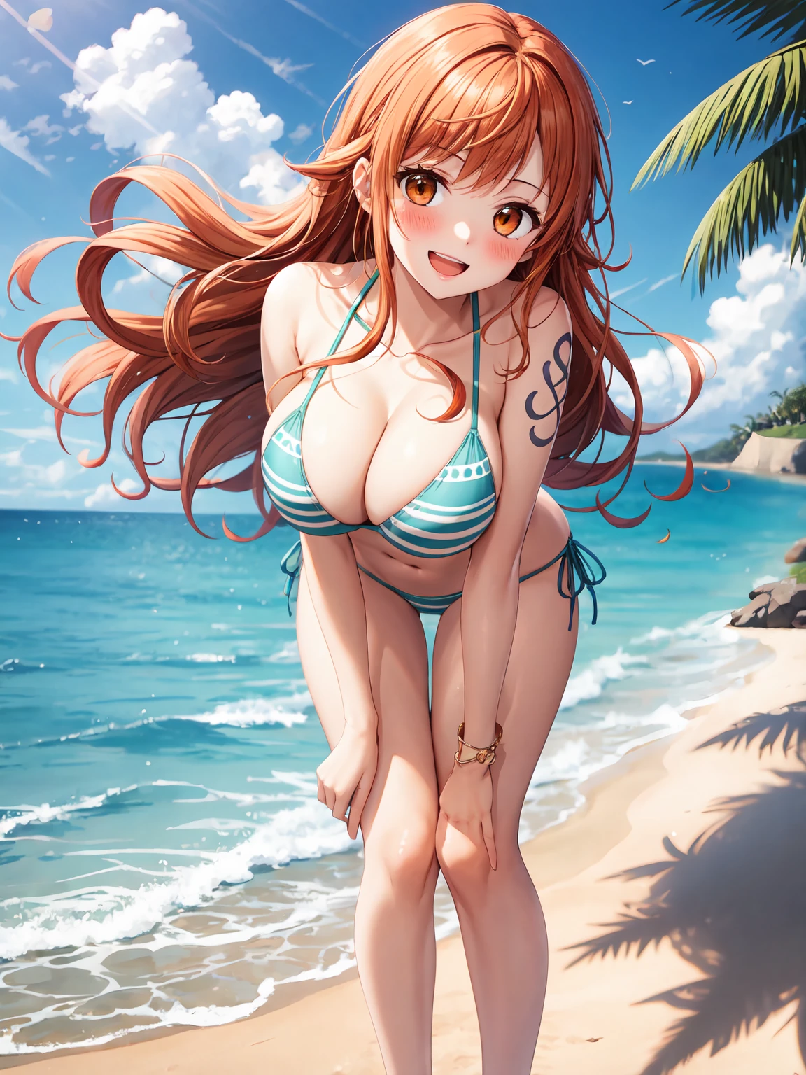 Masterpiece ,best quality , high resolution , (1 girl solo:1.38) , (nami , orange hair , long wavy hair, orange eyes) , (cleavage:1.2) , (medium breast:1.28) , ( wear bikini , stockings) , (cleavage:1.15) , (big breast:1.1) , (face view , front view , from front , look at view ) , (outdoor , sea , ocean, sand , beach) , (leaning forward:1.3) , (standing , thighs ) , ( smile , open mouth , full face blush , shy )