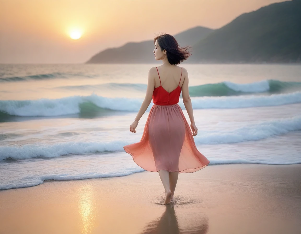 8K, sunset red sun on the beach,A strong lingering scent is reflected in the sea., Beautiful 36-year-old short Korean woman, Chest size 34 inches, Wear sleeveless, light skirt. beautiful pretty woman look , wearing a light skirt , Go far into the sea water and dip your toes., Short medium hair blowing in the wind, 1 woman, beautiful eyes, a little smile, Full-body photo taken from afar with a wide-angle lens, The background is clean and perfect., the waves are coming