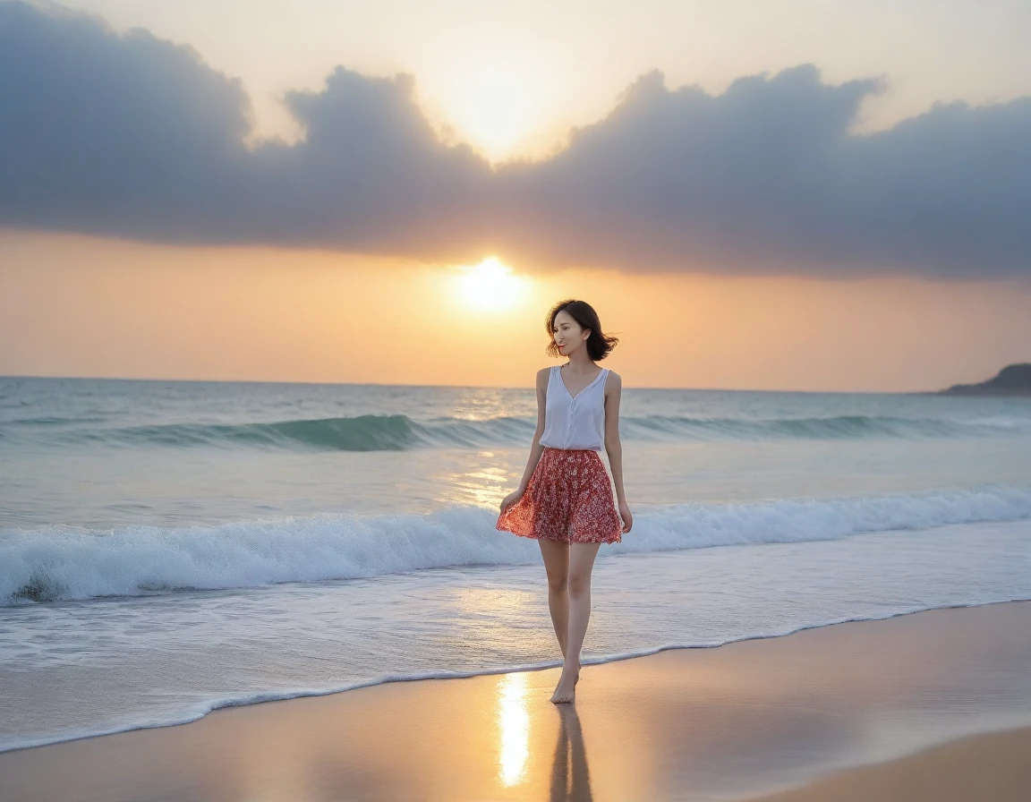 8K, sunset red sun on the beach，A strong lingering scent is reflected in the sea., Beautiful 36-year-old short Korean woman, Chest size 34 inches, Wear sleeveless, light skirt. beautiful pretty woman look , wearing a light skirt , Go far into the sea water and dip your toes., Short medium hair blowing in the wind, 1 woman, beautiful eyes, a little smile, Full-body photo taken from afar with a wide-angle lens, The background is clean and perfect., the waves are coming