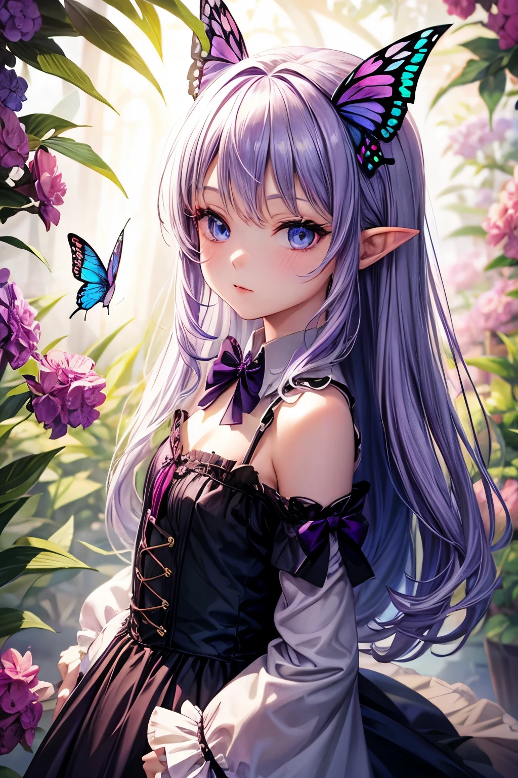 Purple hair, pointed ears, blue eyes, little girl, lolita, butterfly wings