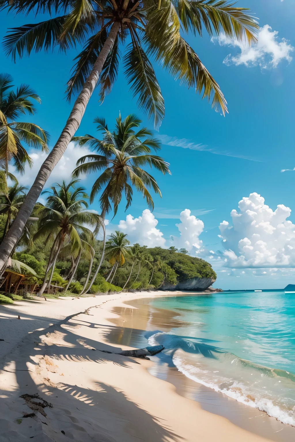 "A Masterpiece: 1.3, RAW, Best quality, High Resolution, capturing a breathtaking tropical beach scene (iu:0.9). The image showcases a pristine stretch of golden sand, where the crystal-clear turquoise waves gently crash, leaving behind a trail of shimmering foam. Tall palm trees with lush green leaves and brown trunks line the shore, their leaves swaying gently in the light breeze, creating a soothing rhythm. The sky above is a majestic blend of vibrant blue and fluffy white clouds, scattered across it, adding to the serene and tranquil atmosphere of the location. The sunlight illuminates the scene, casting long,