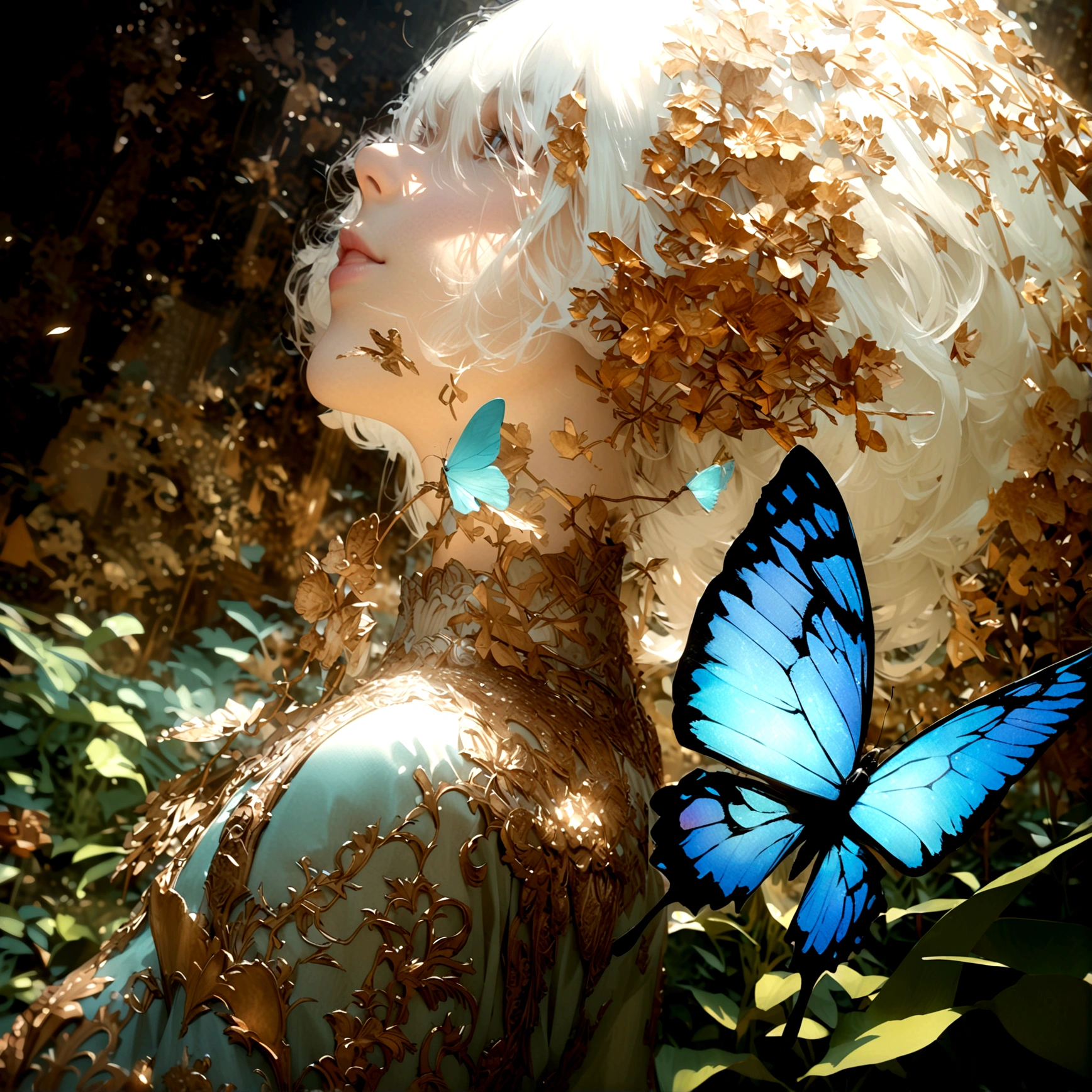 Moonlight,The arrival of spring, Mr.々Beautiful flowers
, A swallowtail butterfly with beautiful iridescent wings,View from below, 空から落ちてくるMr.々A gem, Amazingly beautiful scenery, Slightly hazy, wonderful, High resolution, 8K, (Highest quality, High resolution, Realistic:1.37), Shiny metallic flowers, Intricate and delicate petals, Reflective surface, Vibrant colors, Intricate details, Close-up view, 超Realisticな庭園, 超Realisticな美しさ, Dreamy atmosphere, Fine art, Abstract Plants, Metallic engraving, Contrasting Textures, Mysterious glow