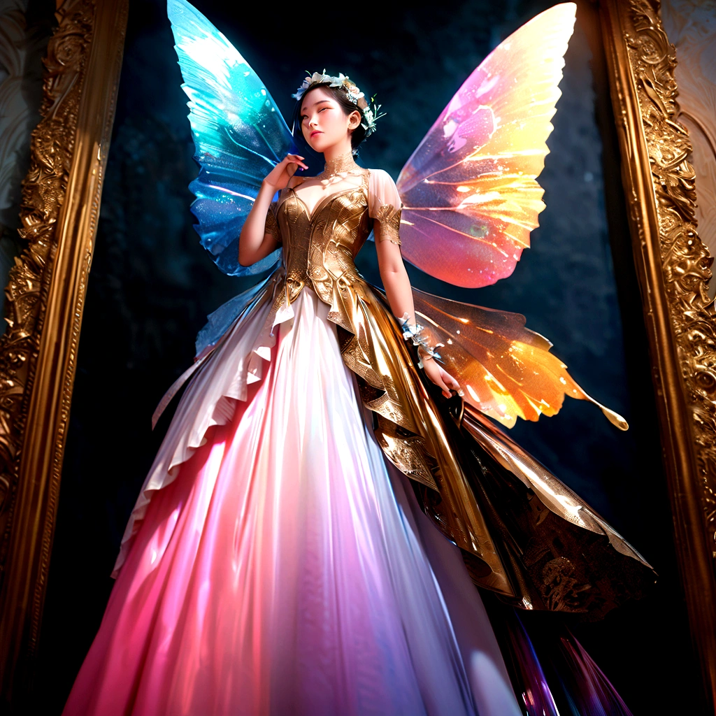 Moonlight,The arrival of spring, Mr.々Beautiful flowers
, A swallowtail butterfly with beautiful iridescent wings,View from below, 空から落ちてくるMr.々A gem, Amazingly beautiful scenery, Slightly hazy, wonderful, High resolution, 8K, (Highest quality, High resolution, Realistic:1.37), Shiny metallic flowers, Intricate and delicate petals, Reflective surface, Vibrant colors, Intricate details, Close-up view, 超Realisticな庭園, 超Realisticな美しさ, Dreamy atmosphere, Fine art, Abstract Plants, Metallic engraving, Contrasting Textures, Mysterious glow