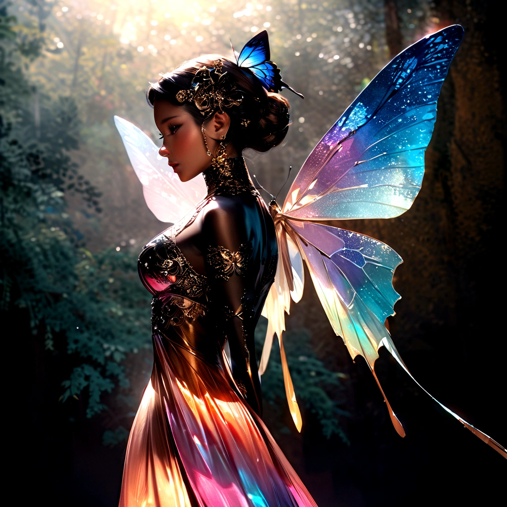 Moonlight,The arrival of spring, Mr.々Beautiful flowers
, A swallowtail butterfly with beautiful iridescent wings,View from below, 空から落ちてくるMr.々A gem, Amazingly beautiful scenery, Slightly hazy, wonderful, High resolution, 8K, (Highest quality, High resolution, Realistic:1.37), Shiny metallic flowers, Intricate and delicate petals, Reflective surface, Vibrant colors, Intricate details, Close-up view, 超Realisticな庭園, 超Realisticな美しさ, Dreamy atmosphere, Fine art, Abstract Plants, Metallic engraving, Contrasting Textures, Mysterious glow