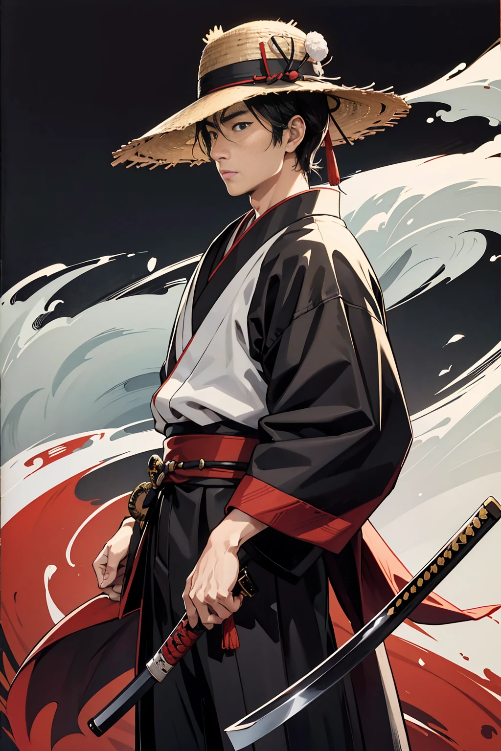 Japanese theme with a samurai man holding a katana looking at the coast horizon and a straw hat focusing on black and white Japanese painting style with some parts in red
