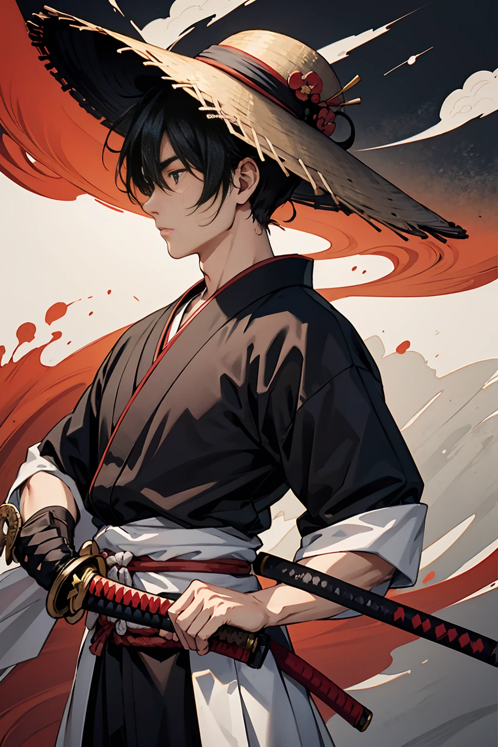 Japanese theme with a samurai man holding a katana looking at the coast horizon and a straw hat focusing on black and white Japanese painting style with some parts in red
