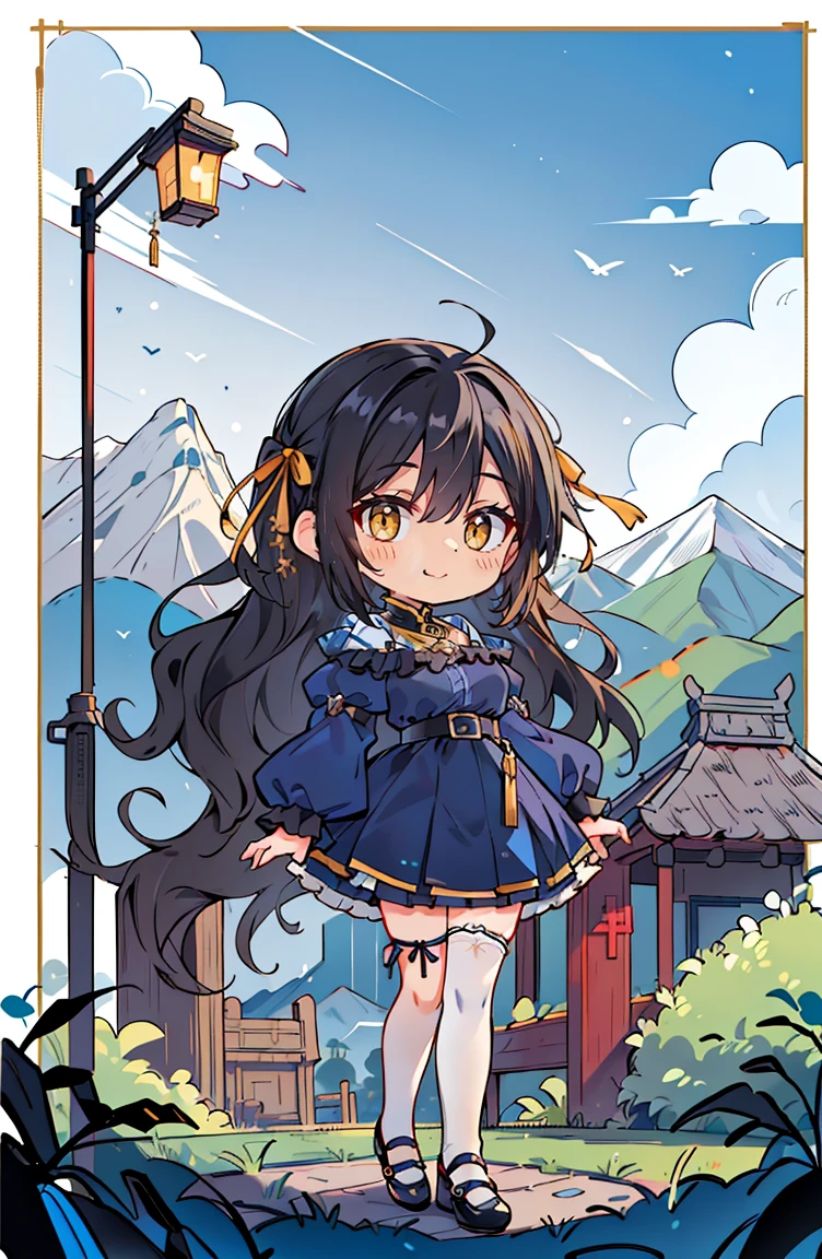 (masterpiece:1.2), (high quality:1.2), hui xiyi, rekkyo sensen, rekkyou sensen, (full body, chibi girls:1.45), solo focus, girls with((black hair, tits cleavage, exposed breasts, breasts close up, dress, (blue clothes:1.3), ribbon belt, off-shoulder sleeves, long sleeves, furry jacket, frills shirt, frills camisole, straps, (ribbon tie, rosary choker, golden rosary, cross:1.05), (strap shoes, black shoes, exposed legs, exposed foots, left legwear, white legwear:1.67), (long wavy hair, one side up:1.4))), background with ((architecture, blue sky, building, bush, castle, village, no humans, cloud, cloudy sky, day, fence, field, garden, grass, hill, house, lamppost, landscape, mountain, mountainous horizon, nature, no humans, outdoors, scenery, shrine, sky, tower))