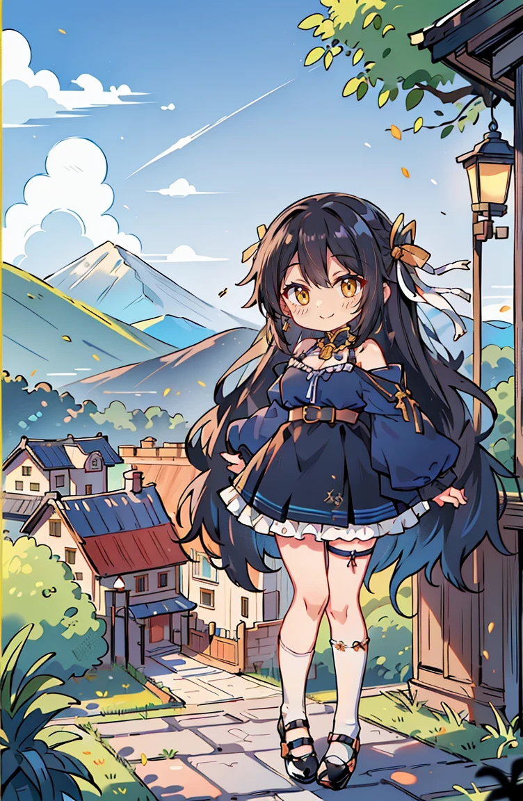(masterpiece:1.2), (high quality:1.2), hui xiyi, rekkyo sensen, rekkyou sensen, (full body, chibi girls:1.45), solo focus, girls with((black hair, tits cleavage, exposed breasts, breasts close up, dress, (blue clothes:1.3), ribbon belt, off-shoulder sleeves, long sleeves, furry jacket, frills shirt, frills camisole, straps, (ribbon tie, rosary choker, golden rosary, cross:1.05), (strap shoes, black shoes, exposed legs, exposed foots, left legwear, white legwear:1.67), (long wavy hair, one side up:1.4))), background with ((architecture, blue sky, building, bush, castle, village, no humans, cloud, cloudy sky, day, fence, field, garden, grass, hill, house, lamppost, landscape, mountain, mountainous horizon, nature, no humans, outdoors, scenery, shrine, sky, tower))