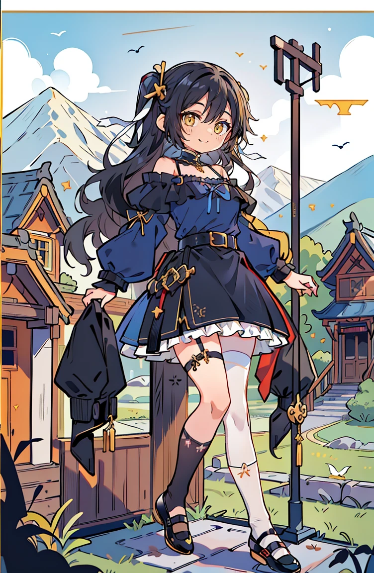 (masterpiece:1.2), (high quality:1.2), hui xiyi, rekkyo sensen, rekkyou sensen, (full body, chibi girls:1.45), solo focus, girls with((black hair, tits cleavage, exposed breasts, breasts close up, dress, (blue clothes:1.3), ribbon belt, off-shoulder sleeves, long sleeves, furry jacket, frills shirt, frills camisole, straps, (ribbon tie, rosary choker, golden rosary, cross:1.05), (strap shoes, black shoes, exposed legs, exposed foots, left legwear, white legwear:1.67), (long wavy hair, one side up:1.4))), background with ((architecture, blue sky, building, bush, castle, village, no humans, cloud, cloudy sky, day, fence, field, garden, grass, hill, house, lamppost, landscape, mountain, mountainous horizon, nature, no humans, outdoors, scenery, shrine, sky, tower))