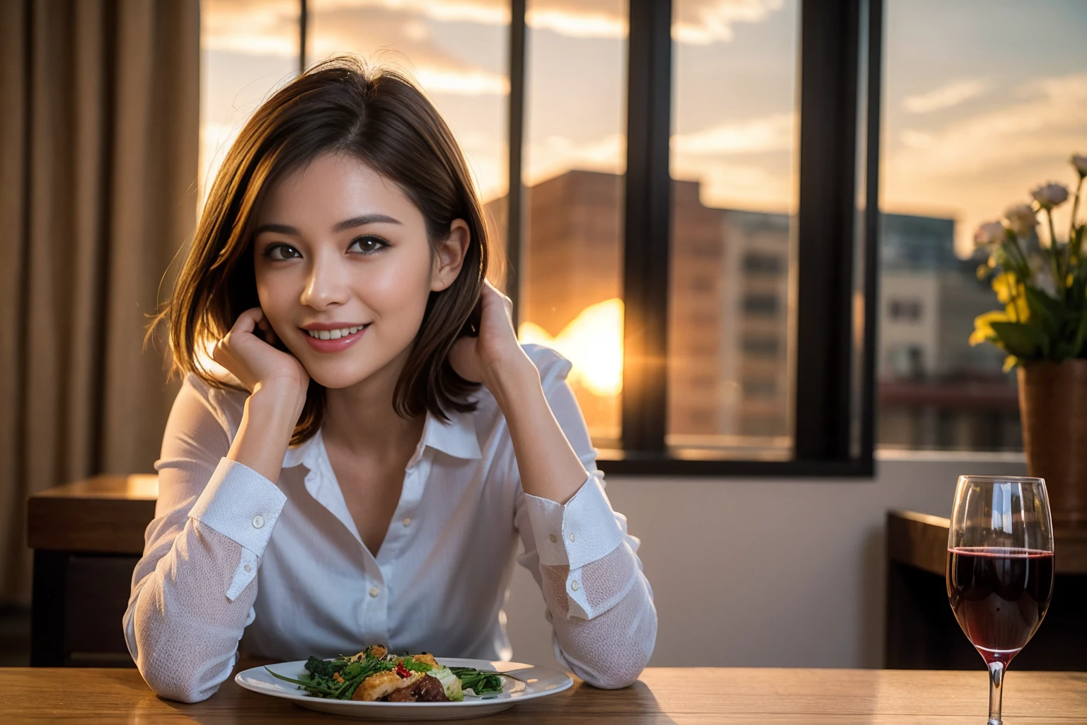 ((Highest quality、8K、masterpiece:1.3))、slimカップル、modelカップル、(Realistic, Intricate details:1.2), full-course dinner、Wine Party、Amazing view of the sunset sky and clouds、A bright smile、The wonderfulness of smile、Bright image、The beauty of wine, Beautiful Face, blue eyes, The light shines on your face, Blushing, short hair,Bright Face、 (Age 37), 39 years old, red wine 、Appetizers、Italian food、Wine bottle、Champagne、sparkling wine、Two beauties、Brown Hair、Shortcuts、Long sleeve shirt、dress、Beautiful woman 1, (slimな顔), (The body is slim), (Brown Hair), (Shortcuts), cheeks turn a little red,Attractive beauty、restaurant, In a prominent place (From the waist up) Nova Frog Style, actress, model, Upper Body, White wine, slim, wine glass, 中央に置かれたwine glass, smile, (smile: 1.15), Beautiful fine grain, Depth f/2,saturation, High Contrast, Strong light and shadow,Moist Body:1.5、3D texture、Delicate eyes、Brown Hair、The hair is very shiny、