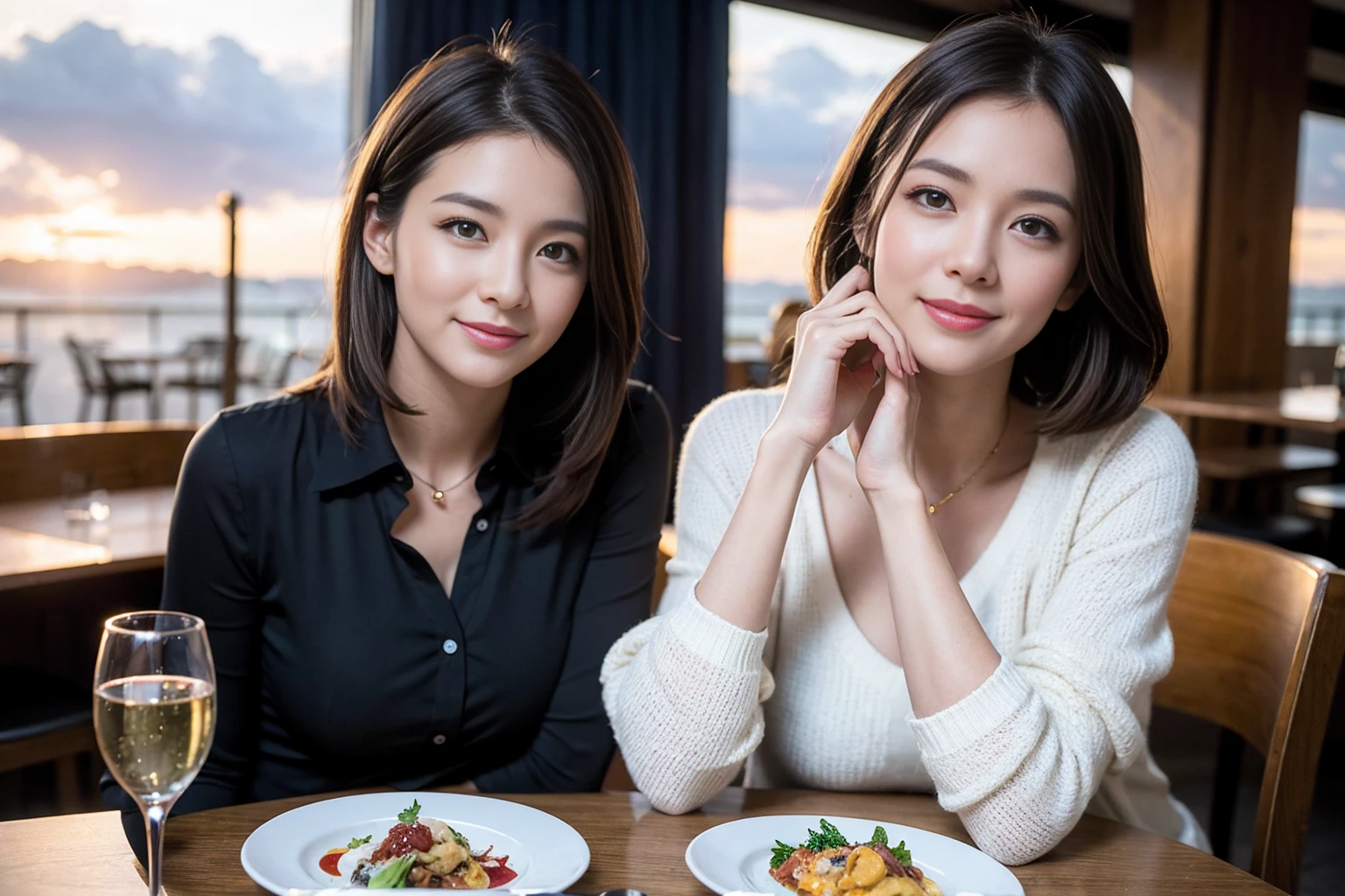 ((Highest quality、8K、masterpiece:1.3))、slimカップル、modelカップル、(Realistic, Intricate details:1.2), full-course dinner、Wine Party、Amazing view of the sunset sky and clouds、A bright smile、The wonderfulness of smile、Bright image、The beauty of wine, Beautiful Face, blue eyes, The light shines on your face, Blushing, short hair,Bright Face、 (Age 37), 39 years old, red wine 、Appetizers、Italian food、Wine bottle、Champagne、sparkling wine、Two beauties、Brown Hair、Shortcuts、Long sleeve shirt、dress、Beautiful woman 1, (slimな顔), (The body is slim), (Brown Hair), (Shortcuts), cheeks turn a little red,Attractive beauty、restaurant, In a prominent place (From the waist up) Nova Frog Style, actress, model, Upper Body, White wine, slim, wine glass, 中央に置かれたwine glass, smile, (smile: 1.15), Beautiful fine grain, Depth f/2,saturation, High Contrast, Strong light and shadow,Moist Body:1.5、3D texture、Delicate eyes、Brown Hair、The hair is very shiny、