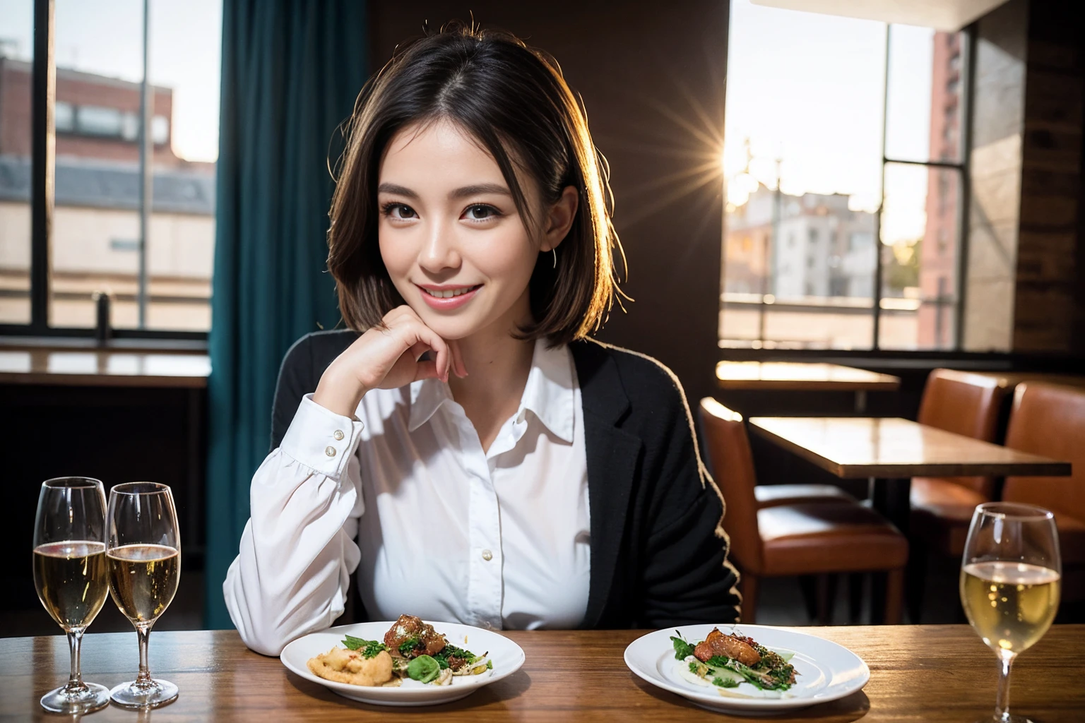 ((Highest quality、8K、masterpiece:1.3))、slimカップル、modelカップル、(Realistic, Intricate details:1.2), full-course dinner、Wine Party、Amazing view of the sunset sky and clouds、A bright smile、The wonderfulness of smile、Bright image、The beauty of wine, Beautiful Face, blue eyes, The light shines on your face, Blushing, short hair,Bright Face、 (Age 37), 39 years old, red wine 、Appetizers、Italian food、Wine bottle、Champagne、sparkling wine、Two beauties、Brown Hair、Shortcuts、Long sleeve shirt、dress、Beautiful woman 1, (slimな顔), (The body is slim), (Brown Hair), (Shortcuts), cheeks turn a little red,Attractive beauty、restaurant, In a prominent place (From the waist up) Nova Frog Style, actress, model, Upper Body, White wine, slim, wine glass, 中央に置かれたwine glass, smile, (smile: 1.15), Beautiful fine grain, Depth f/2,saturation, High Contrast, Strong light and shadow,Moist Body:1.5、3D texture、Delicate eyes、Brown Hair、The hair is very shiny、