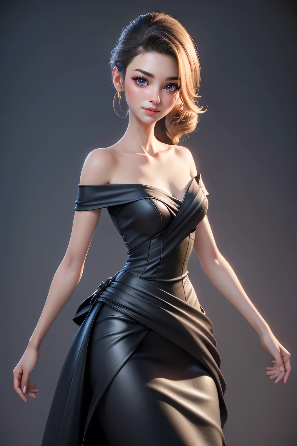 A hyper realistic carricature ,photorealism,of a indonesian skinny woman.with medium wave hairs,standing.wearing open shoulder casual dress,light smile, high detail,3d render,high definition.mediumbody shot bod