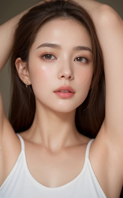 ((Armpit Pose、Armpit、Raise your hands to show your armpits、Detailed armpit wrinkles、Detailed skin texture、ciinematic light、top-quality、、masterpiece:1.3))、1girl in、Beautiful woman with slender abs:1.2、(Ted White hair、small tits:1.3)、(Nude)、Seductive open lip、sofas、hyperdetailed face、A detailed eye、double eyelid、high-ponytail Hairstyle、Brown hair、Latin blood、Seductive eyes