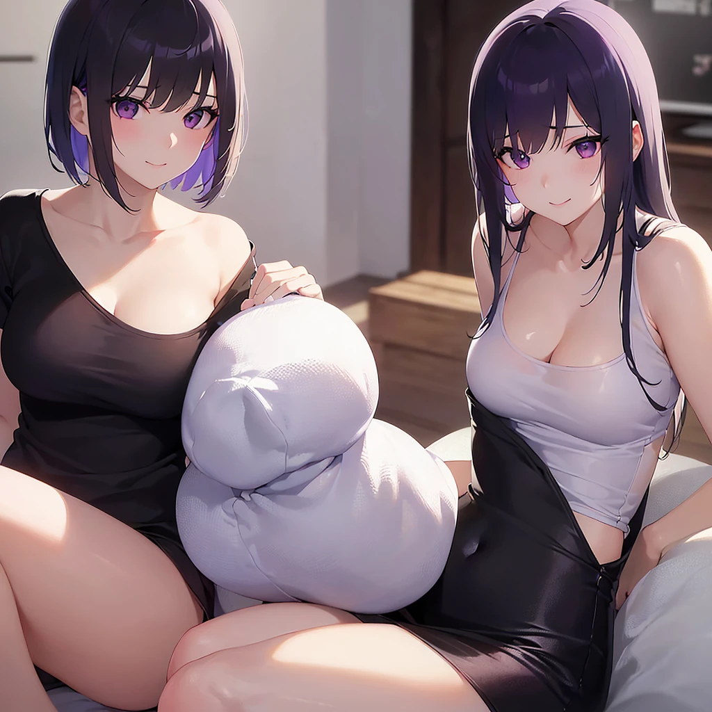 Cleavage, Side angle, Upper Body, Realistic, Real person, (青whiteい肌: 1.2), Shiny skin, Shiny Hair、(A 25-year-old woman with straight hair and bangs) and (Medium Hair) and (Black Hair) and (Purple eyes) , (white) and (T-Shirts) 、smile, The background is the living room、alone、Are standing