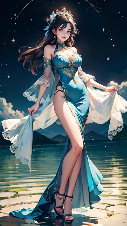 ((work of art, best qualityer)), 精致的面容，Kizi，all-body，Standing photo，perfect body proportions，gorgeous eyes，FantasyStyle，extremely pretty，transparentes，clouds，water ripples，transparentes，fun、May，lace，star decoration