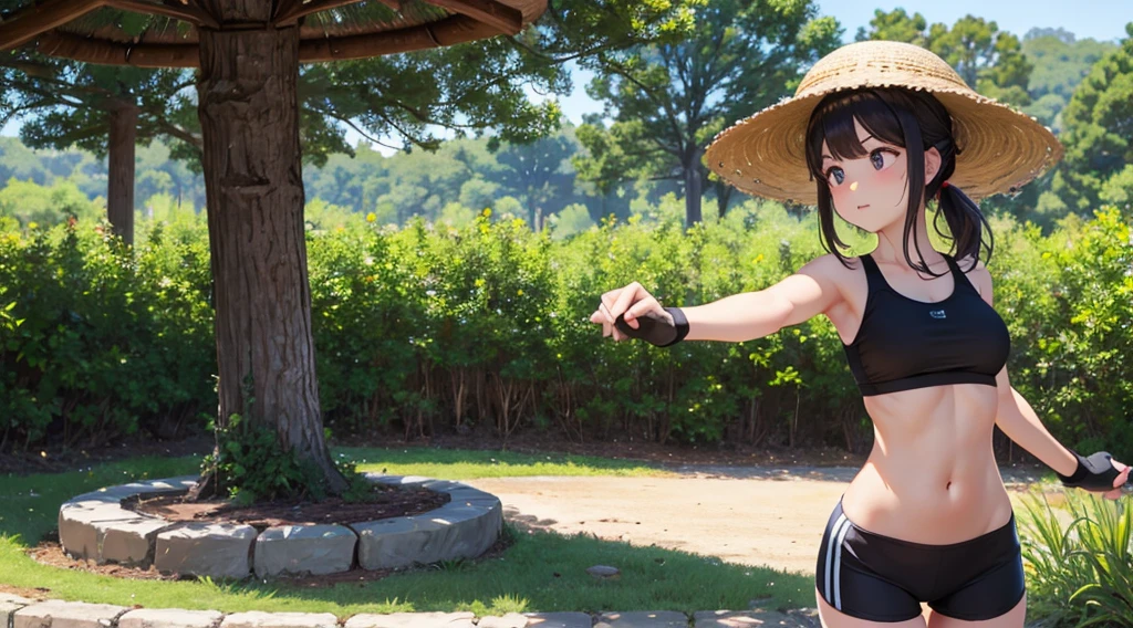 Mushroom girl doing exercise on sunday afternoon