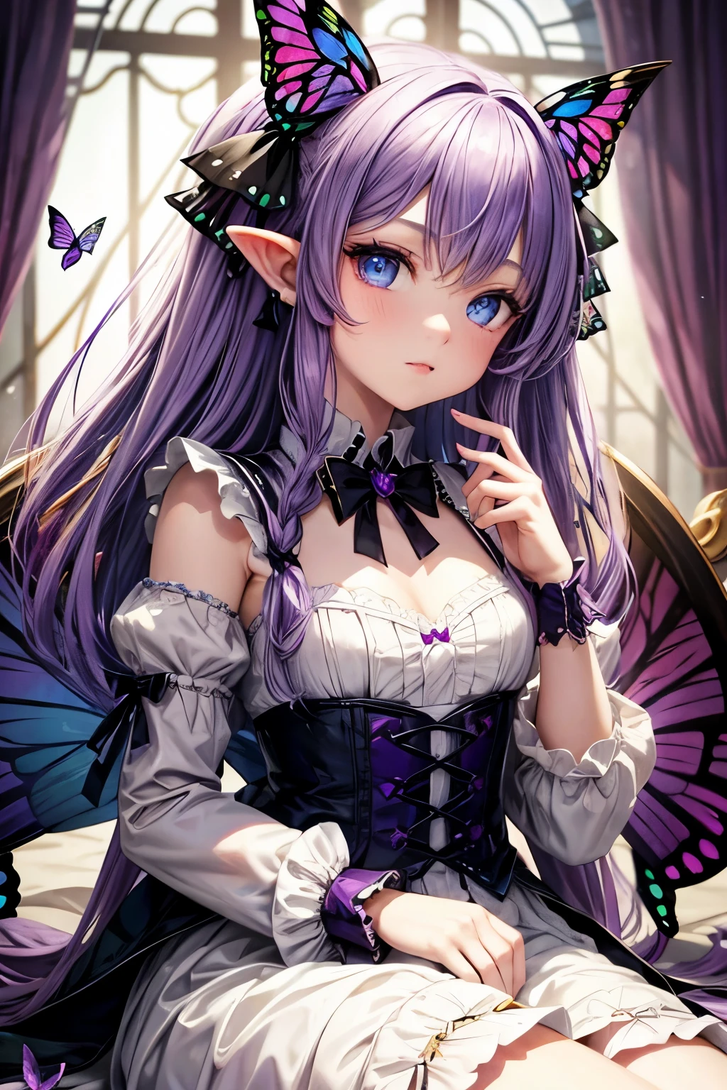 Purple hair, pointed ears, blue eyes, little girl, lolita, butterfly wings