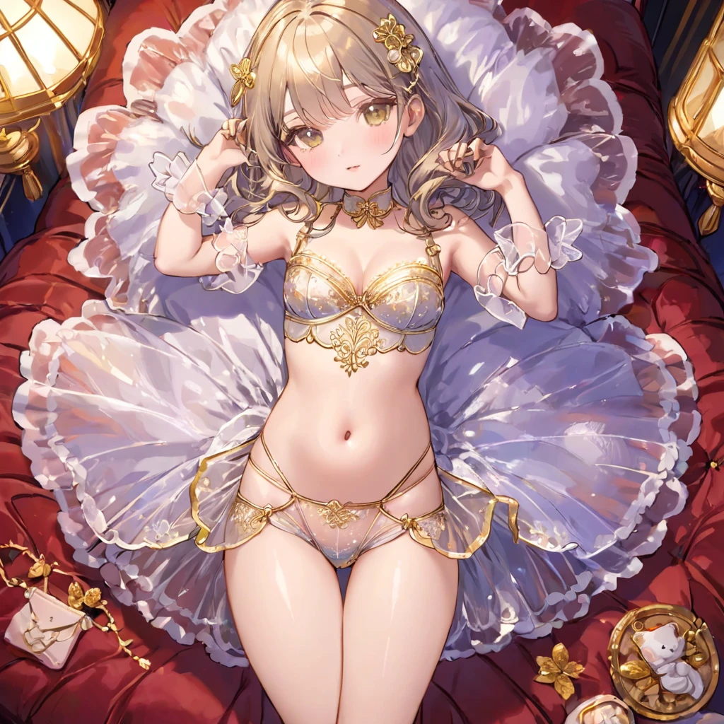 8--old l, １people、Pajamas、Gold and silver thread embroidery、Translucent underwear that reaches below the knee（Bloomers）wear、wear a semi-transparent corset、Translucent slip