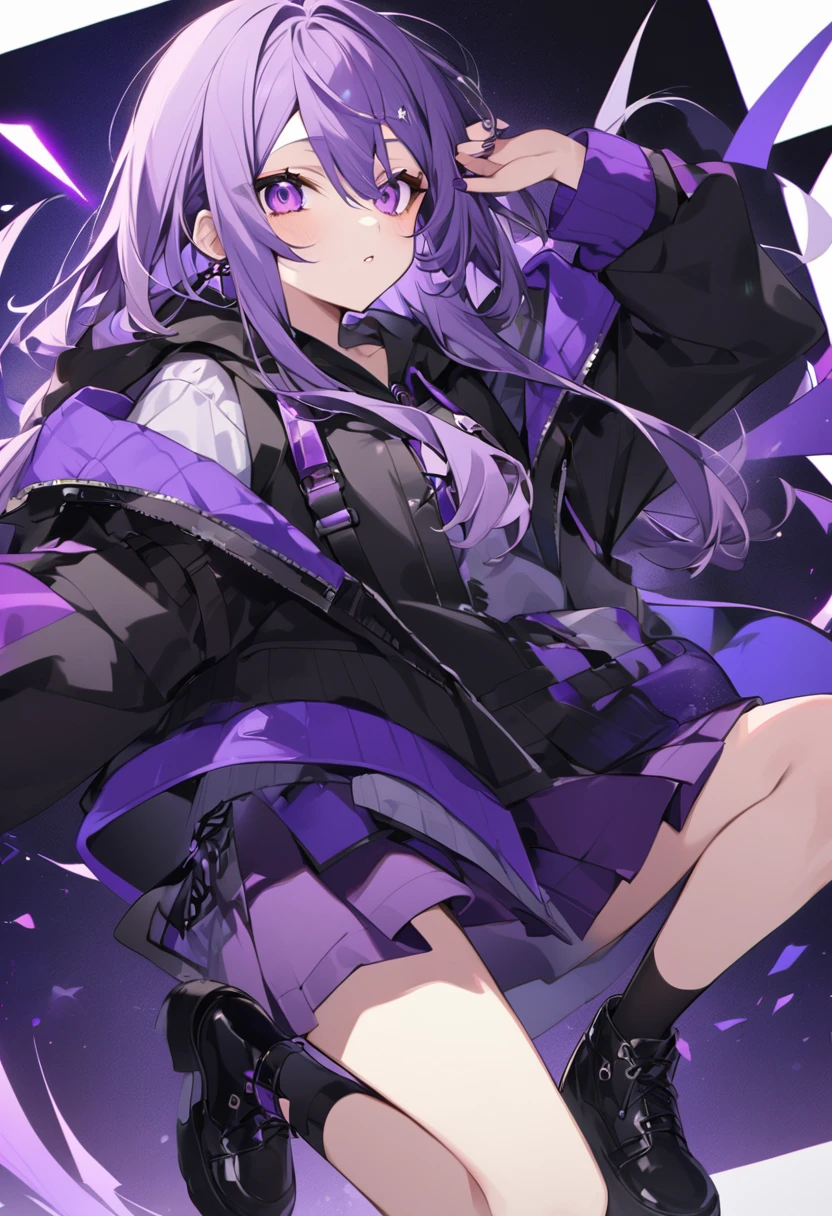 Keito。Purple Eyes。Purple Hair。Purple Skirt。Black shoes下。Black shoes。Purple hoodie