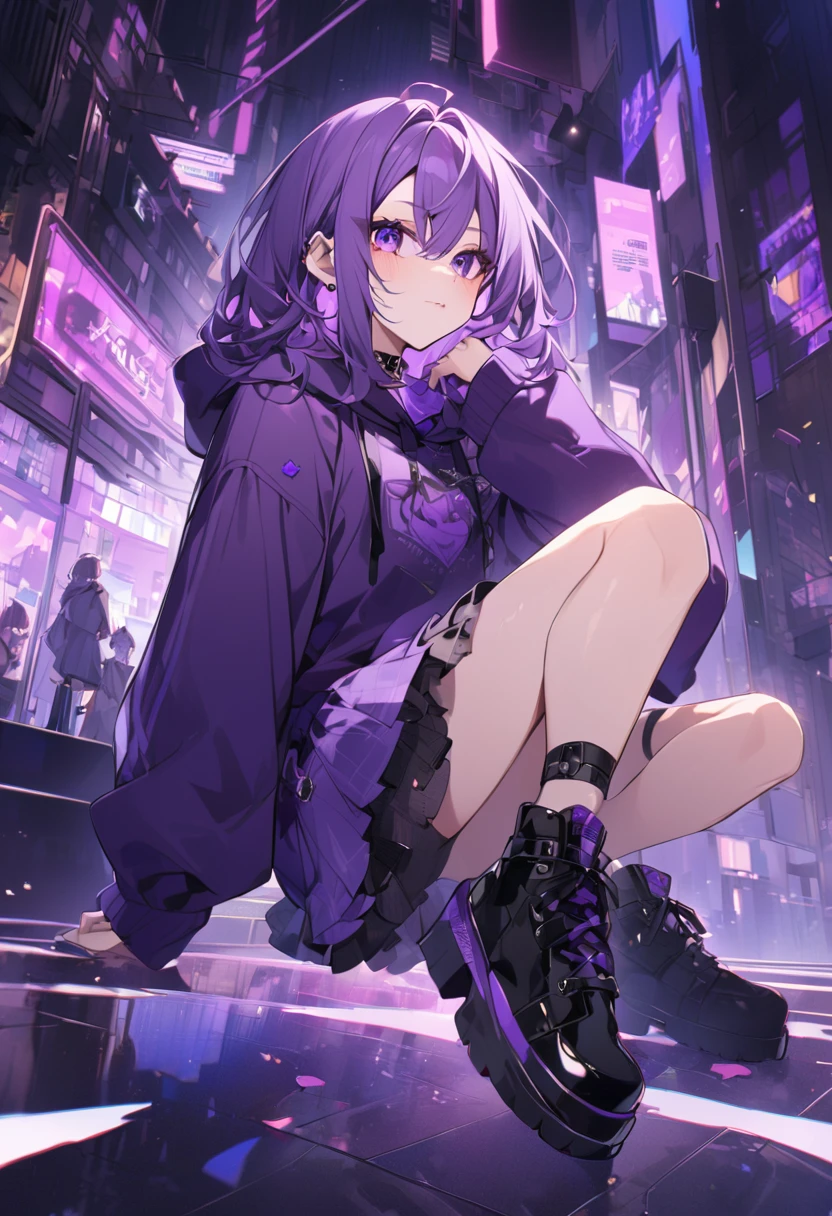 Keito。Purple Eyes。Purple Hair。Purple Skirt。Black shoes下。Black shoes。Purple hoodie