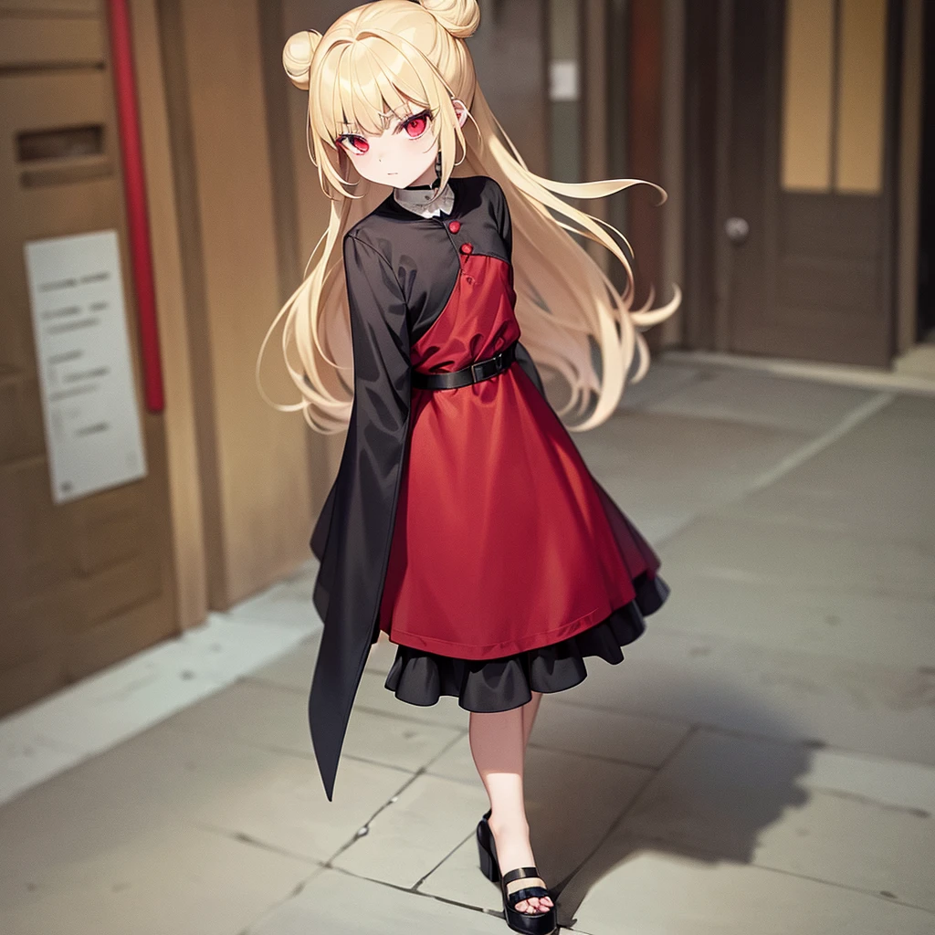 Full body view of an 8 year old Russian vampire girl with blonde hair that is tied into a bun and and demonic red eyes wearing a cute outfit that has lots of pockets in the streets of Moscow Russia